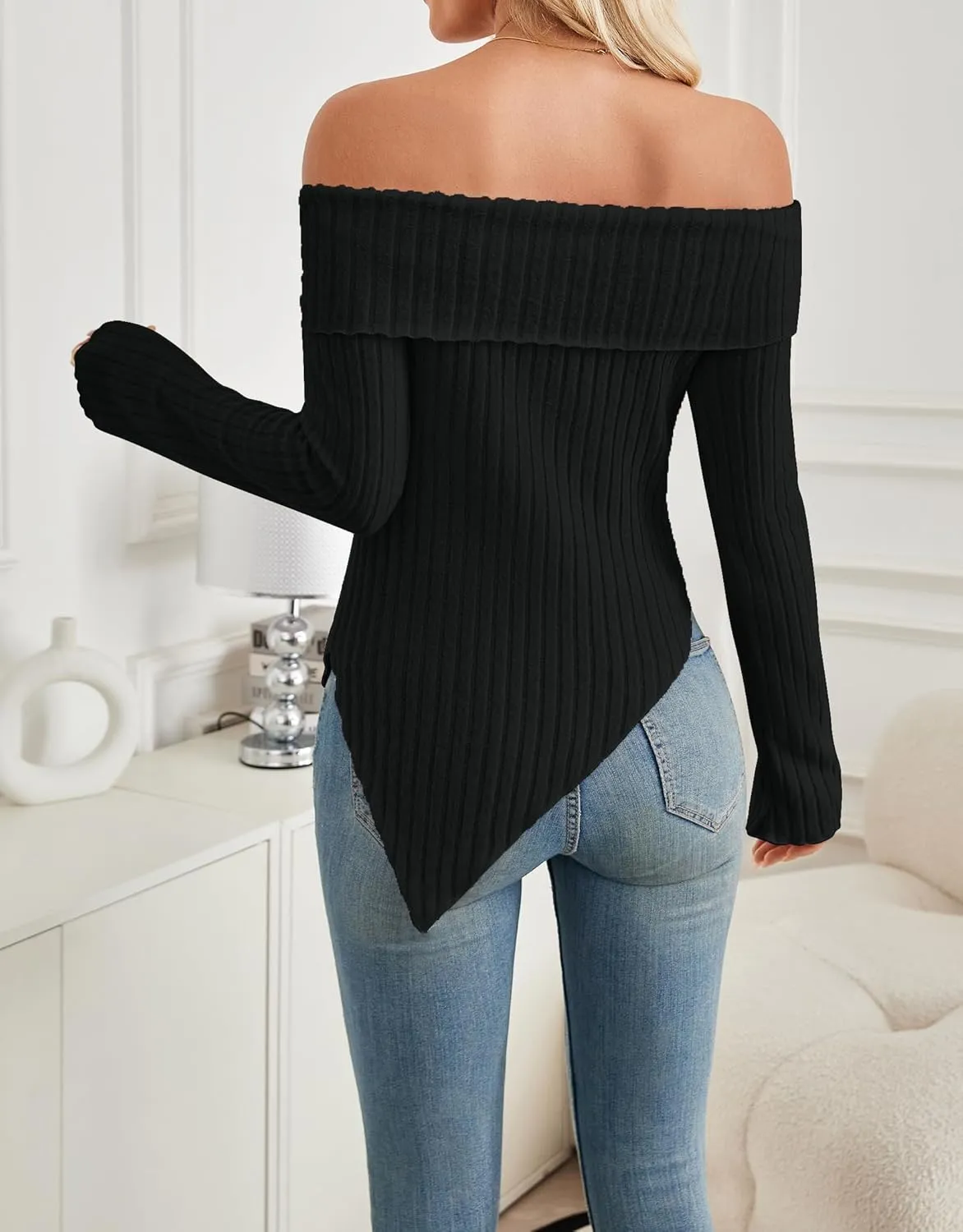 Women Blouses and Tops Black White Colorblock Bell Sleeve Cold Shoulder Top Shirt
