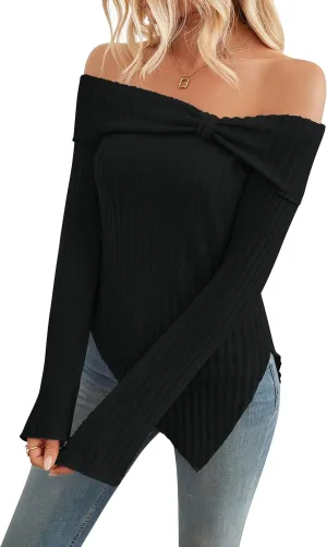 Women Blouses and Tops Black White Colorblock Bell Sleeve Cold Shoulder Top Shirt