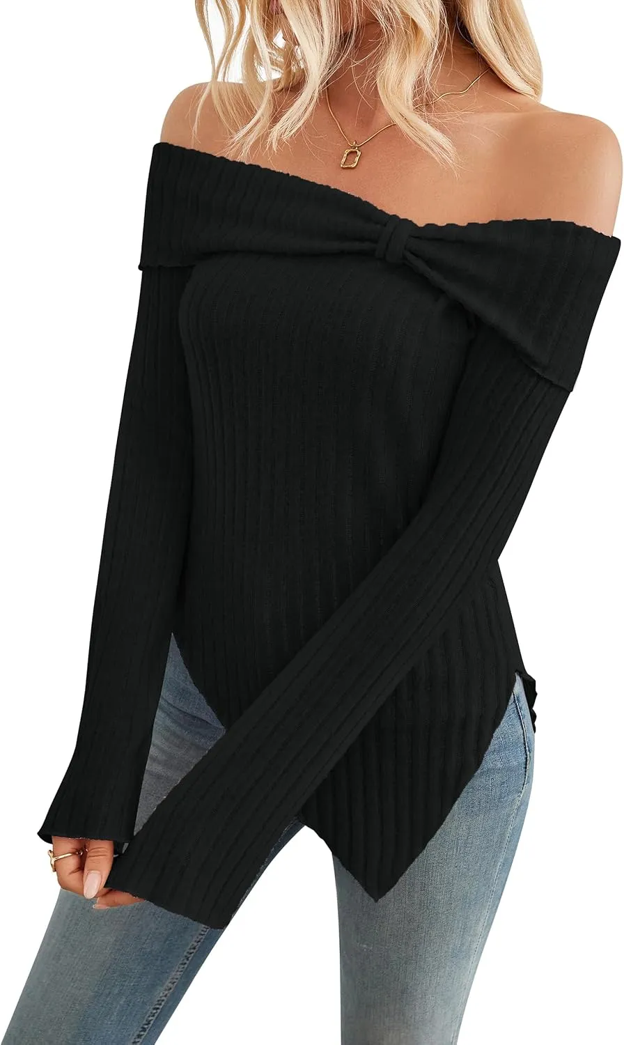 Women Blouses and Tops Black White Colorblock Bell Sleeve Cold Shoulder Top Shirt