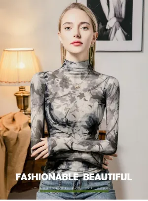 Women' High Neck Printed Mesh Long Sleeve Base Shirt Autumn Slim Fit Trendy Tops