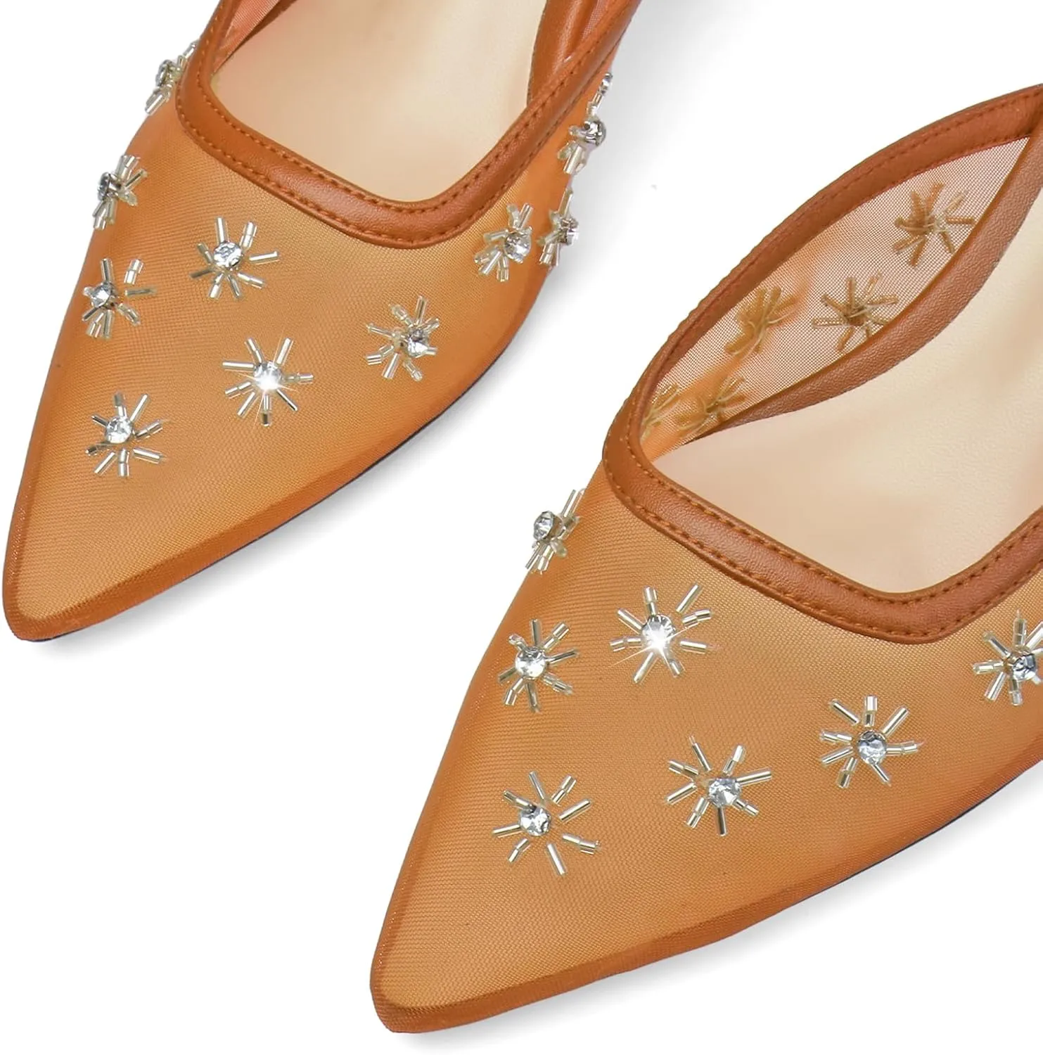 Women Kitten Heel Mules Crystal Flower Decor Mesh Pointed Toe Low Heel Casual Pumps