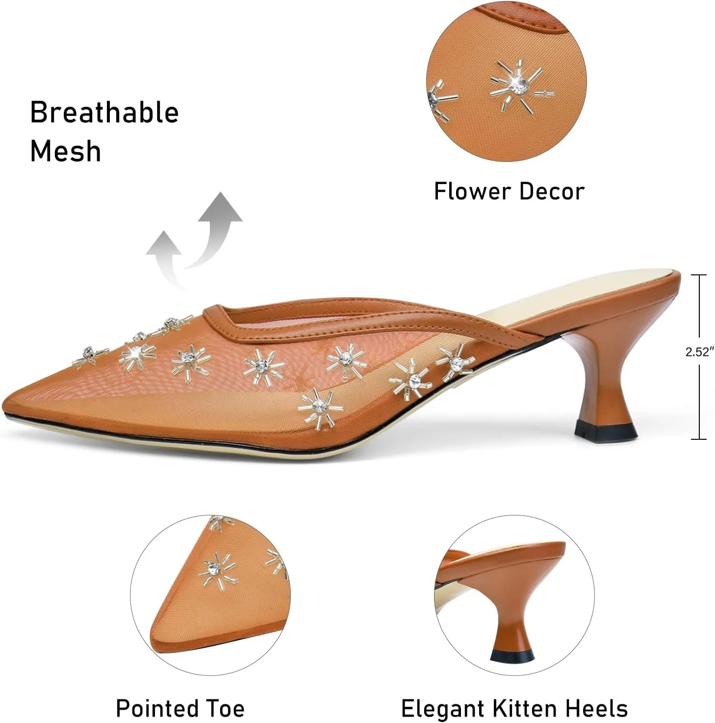 Women Kitten Heel Mules Crystal Flower Decor Mesh Pointed Toe Low Heel Casual Pumps