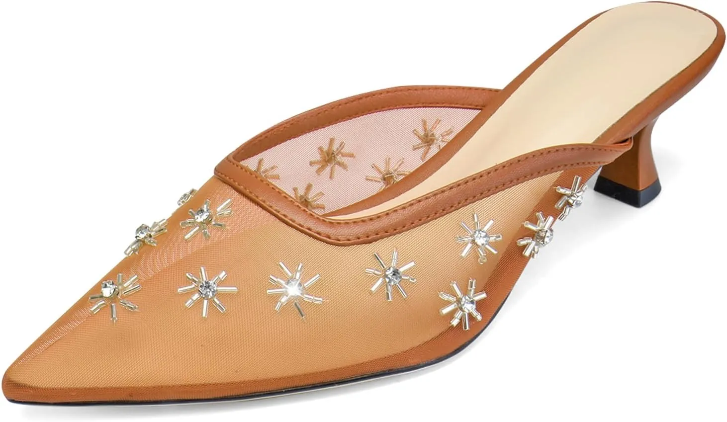 Women Kitten Heel Mules Crystal Flower Decor Mesh Pointed Toe Low Heel Casual Pumps