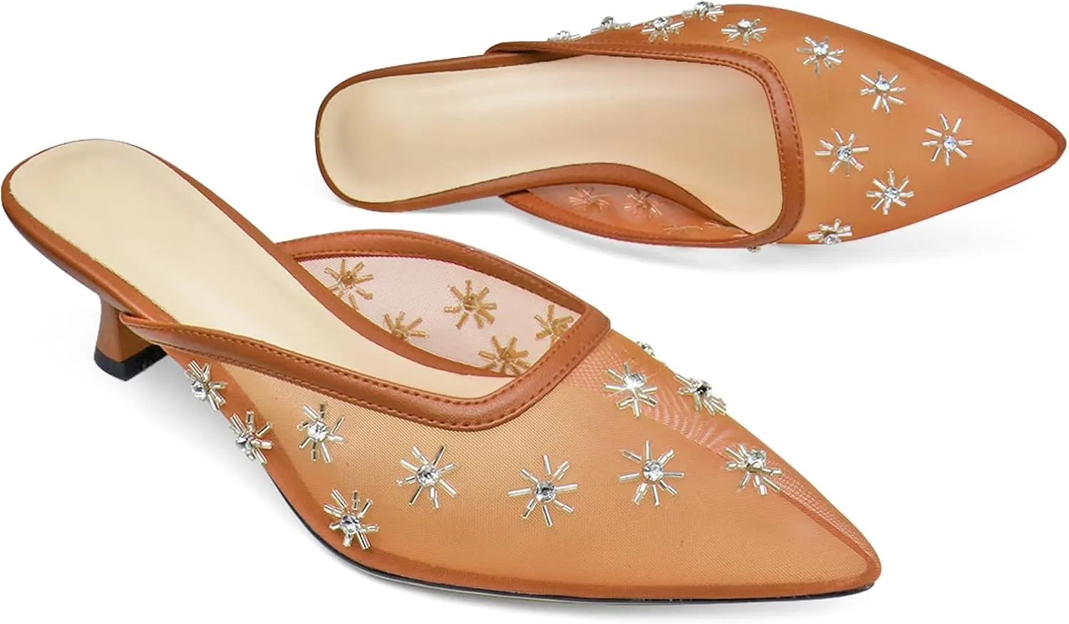 Women Kitten Heel Mules Crystal Flower Decor Mesh Pointed Toe Low Heel Casual Pumps