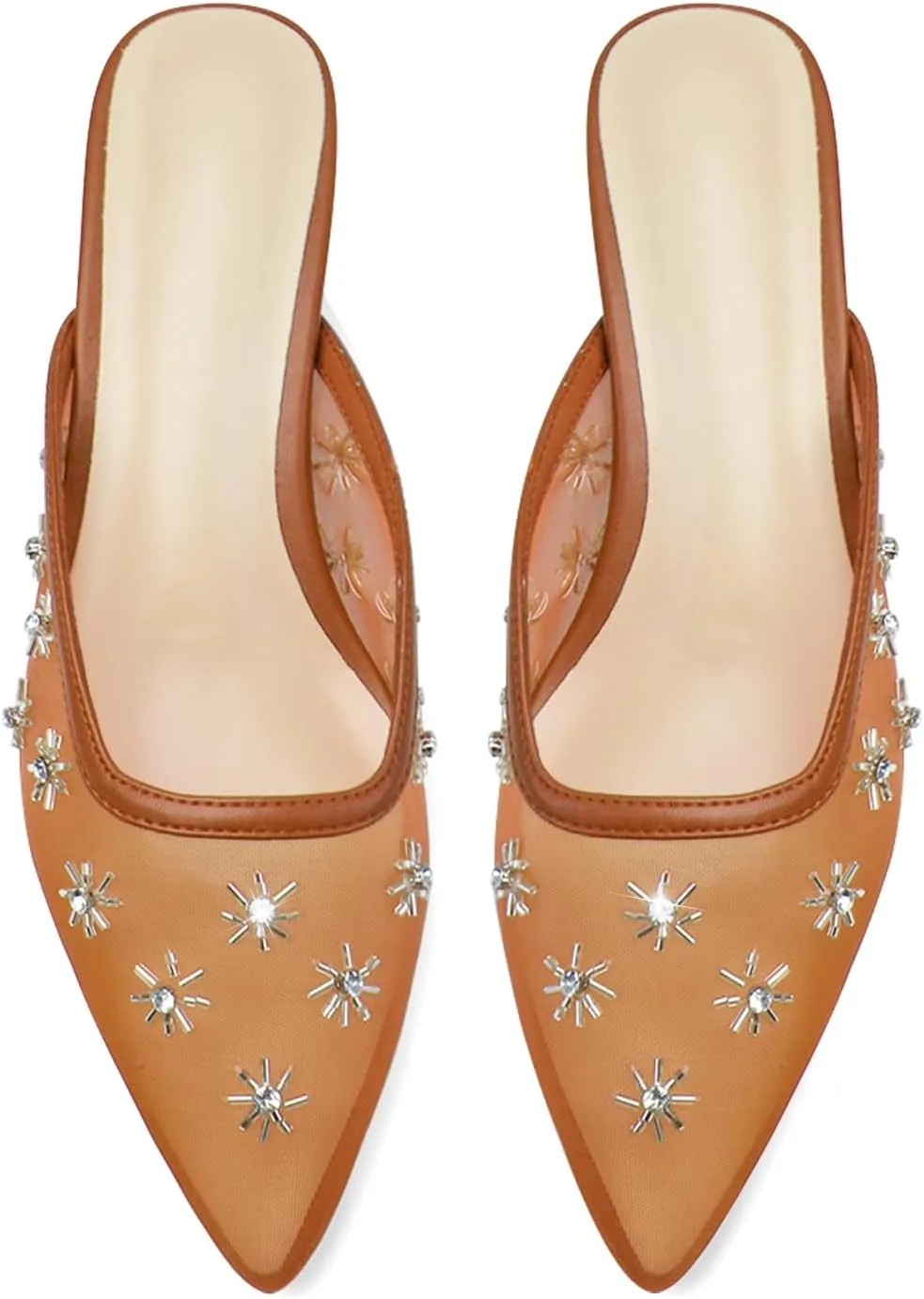 Women Kitten Heel Mules Crystal Flower Decor Mesh Pointed Toe Low Heel Casual Pumps