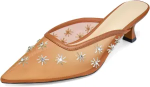 Women Kitten Heel Mules Crystal Flower Decor Mesh Pointed Toe Low Heel Casual Pumps
