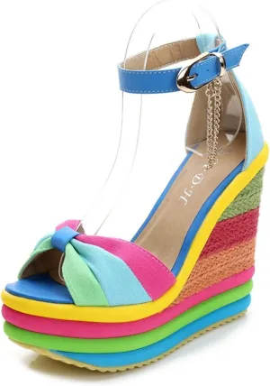Women Straw Super High Heel Rainbow Sandals,Fish Mouth Wedge Roman Y2K Sandal,Adjustable Ankle Strap Espadrilles Platform Candy Color Party Dress Shoes