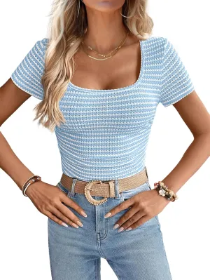 Women Summer Short Sleeve Shirts Ruched Tops Sexy Square Neck Blouses Going Out Knit T Shirt Basic Tees