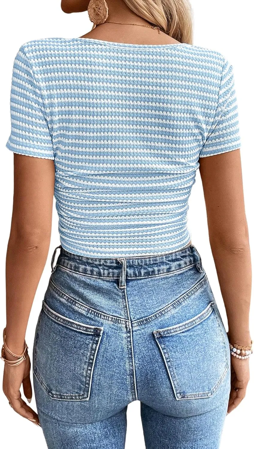Women Summer Short Sleeve Shirts Ruched Tops Sexy Square Neck Blouses Going Out Knit T Shirt Basic Tees