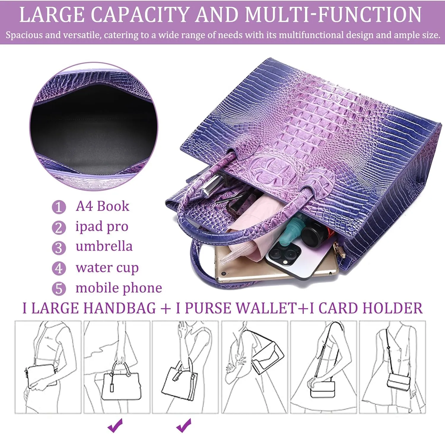 Women Top Handle Crossbody Bag Fashion Crocodile Print Handbag Shoulder Satchel