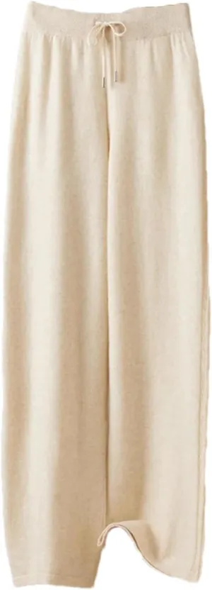 Women Wide Leg Wool Knitted Soft Pants Classic Lace Up Drawstring Warm Trousers