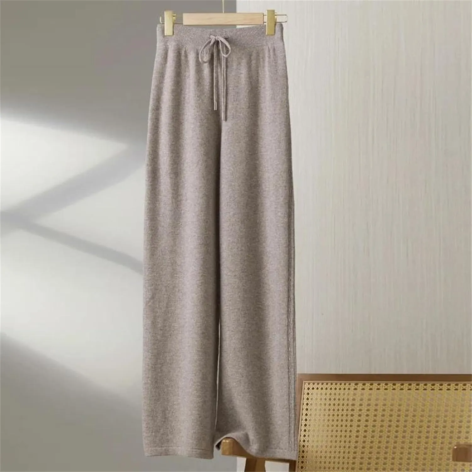 Women Wide Leg Wool Knitted Soft Pants Classic Lace Up Drawstring Warm Trousers
