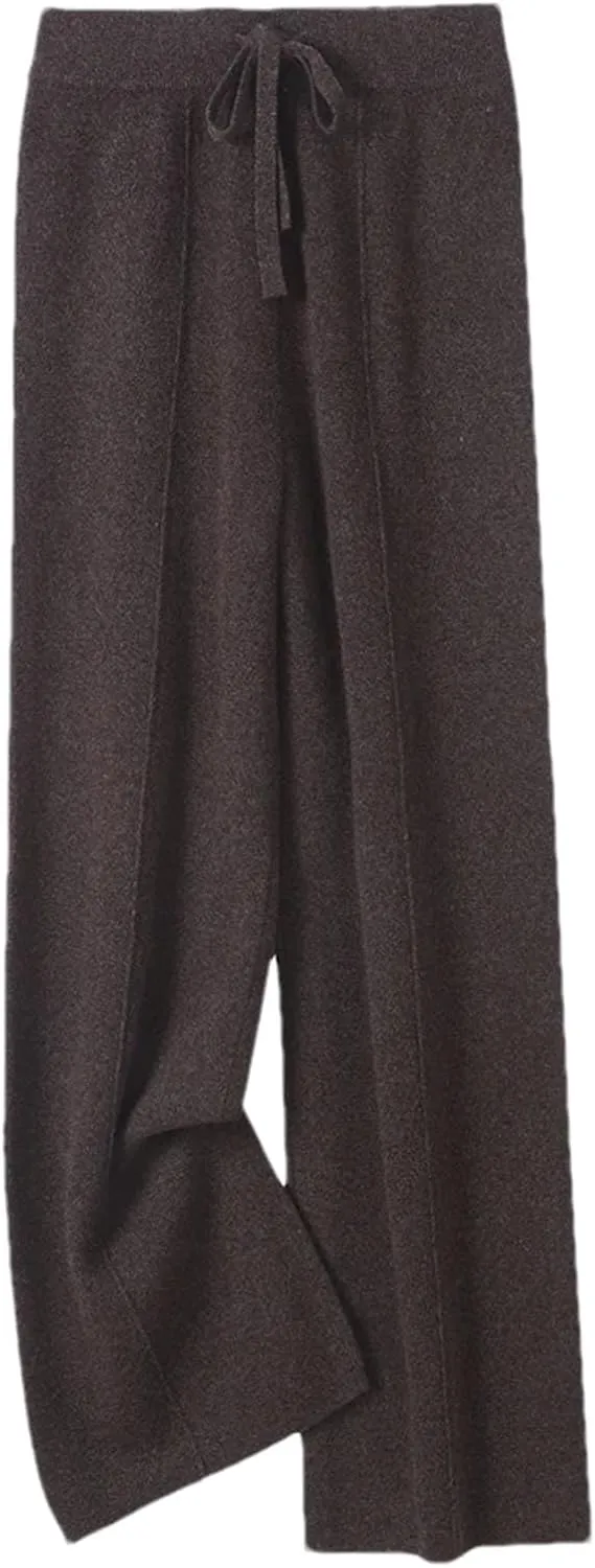 Women Wool Knitted Wide Leg Long Pants Casual Basic Soft Warm Lace Up Solid Trousers