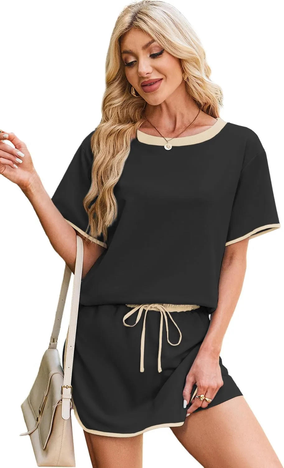 Women's 2 Piece Sets Summer Casual Short Sleeve Tops and Matching Drawstring Skort Going Out Lounge Outfits
