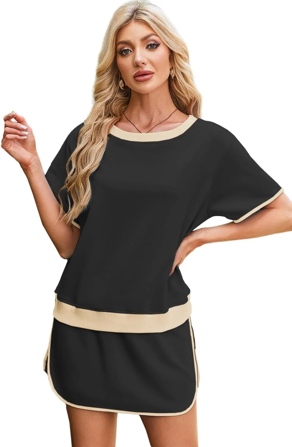 Women's 2 Piece Sets Summer Casual Short Sleeve Tops and Matching Drawstring Skort Going Out Lounge Outfits