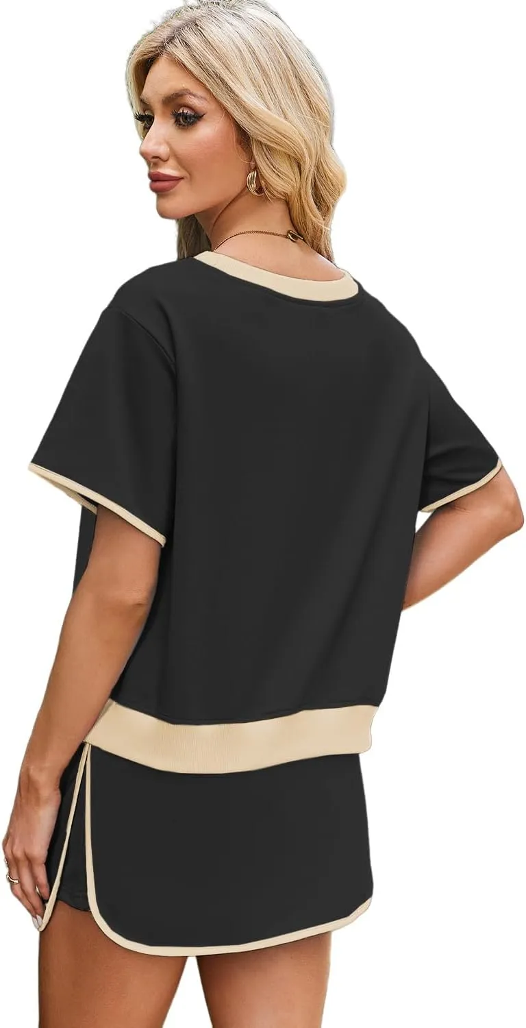 Women's 2 Piece Sets Summer Casual Short Sleeve Tops and Matching Drawstring Skort Going Out Lounge Outfits