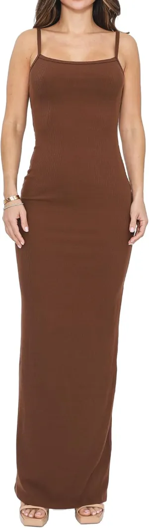 Womens Casual Slip Long Maxi Dress Spaghetti Strap Summer Vacation Ribbed Bodycon Lounge Dresses