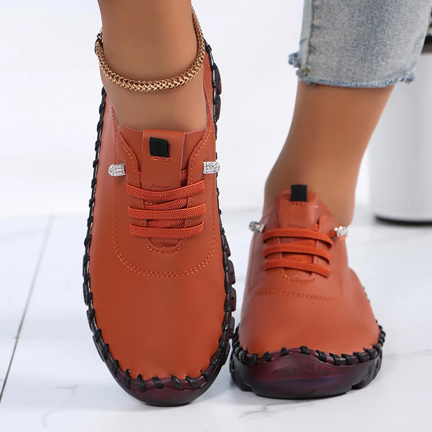 Womens Comfy Breathable Sneakers Flat Bottom Leather Slip-on Loafers Handmade Soft Shoes Sandals