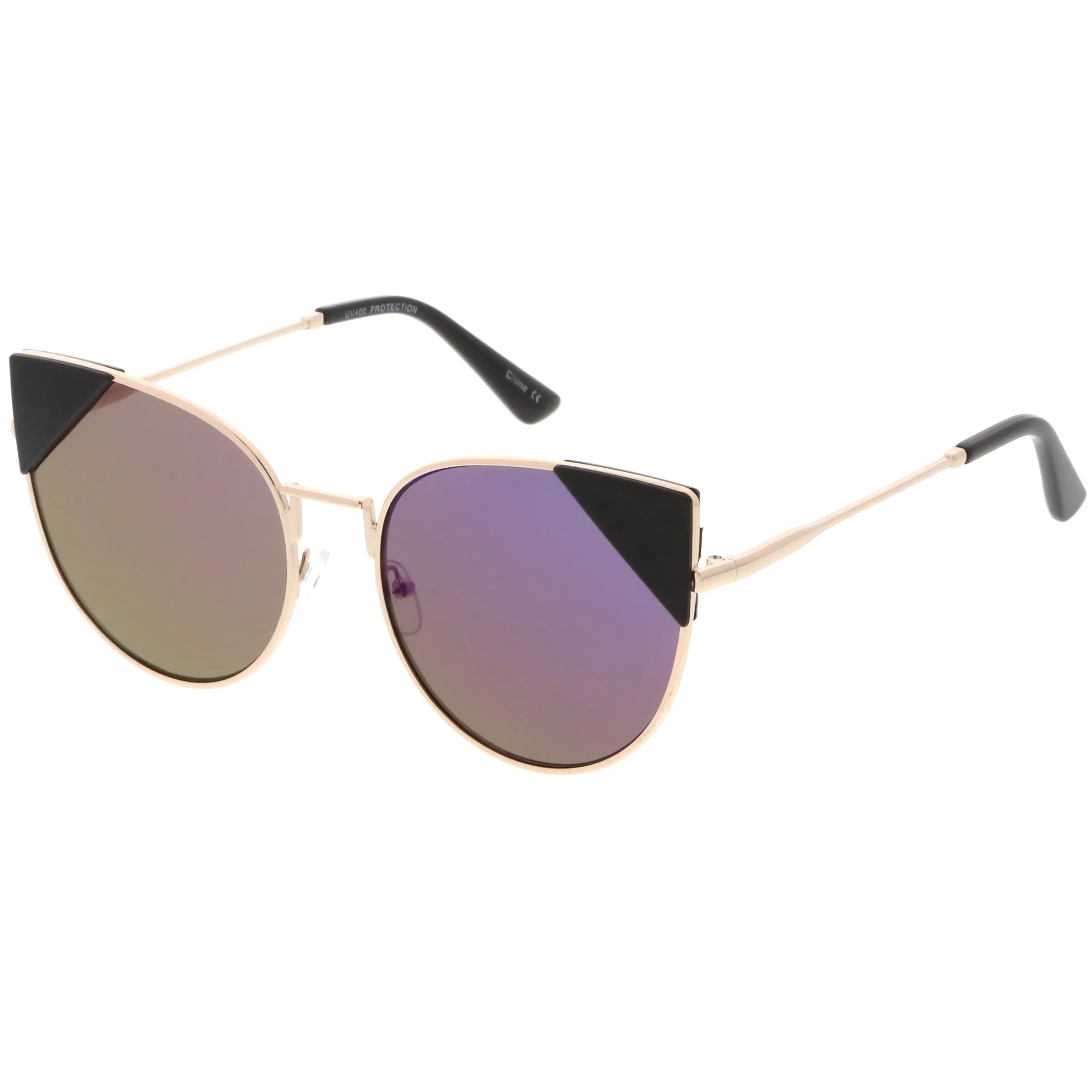 Women's Corner Accented Mirrored Flat Lens Cat Eye Sunglasses C342