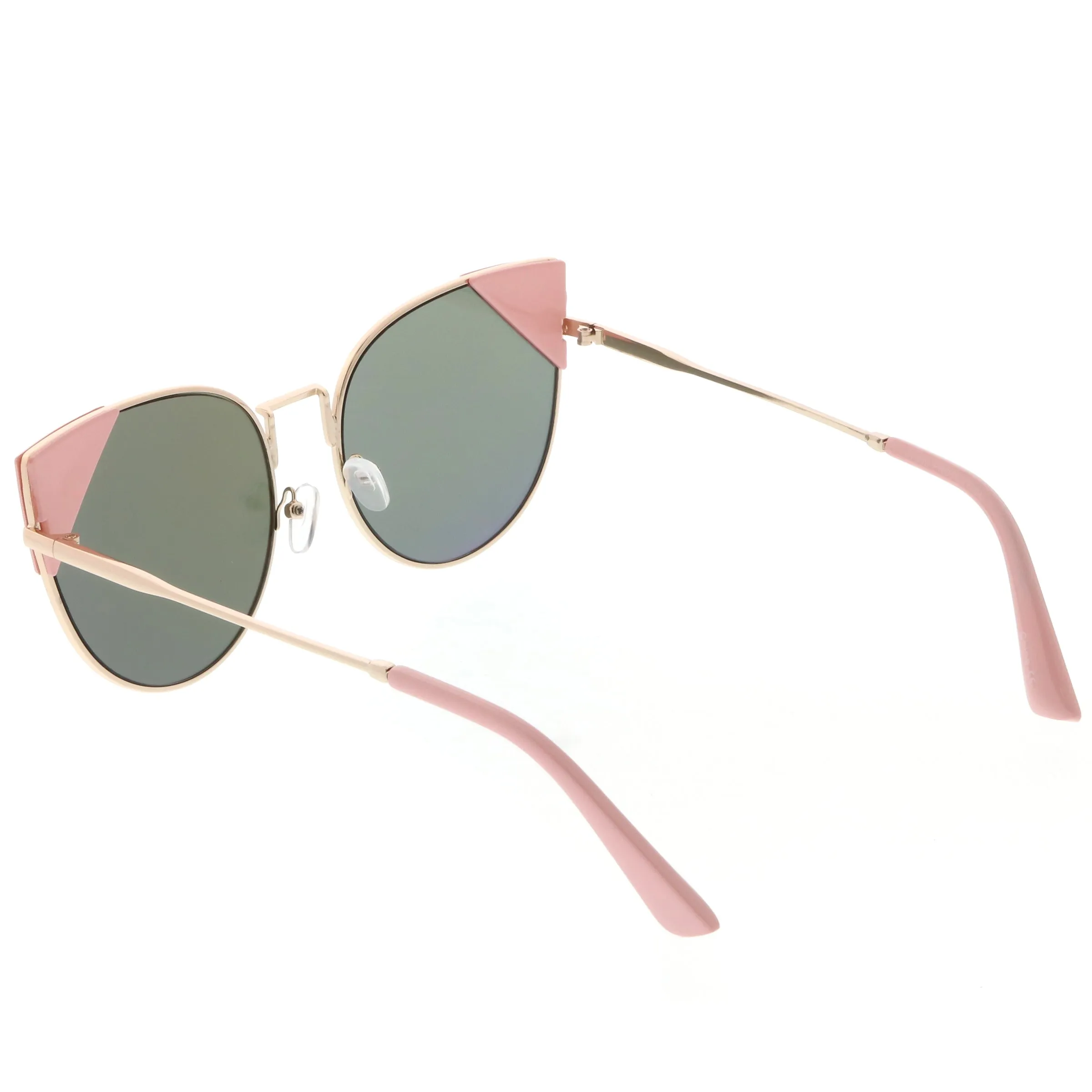 Women's Corner Accented Mirrored Flat Lens Cat Eye Sunglasses C342