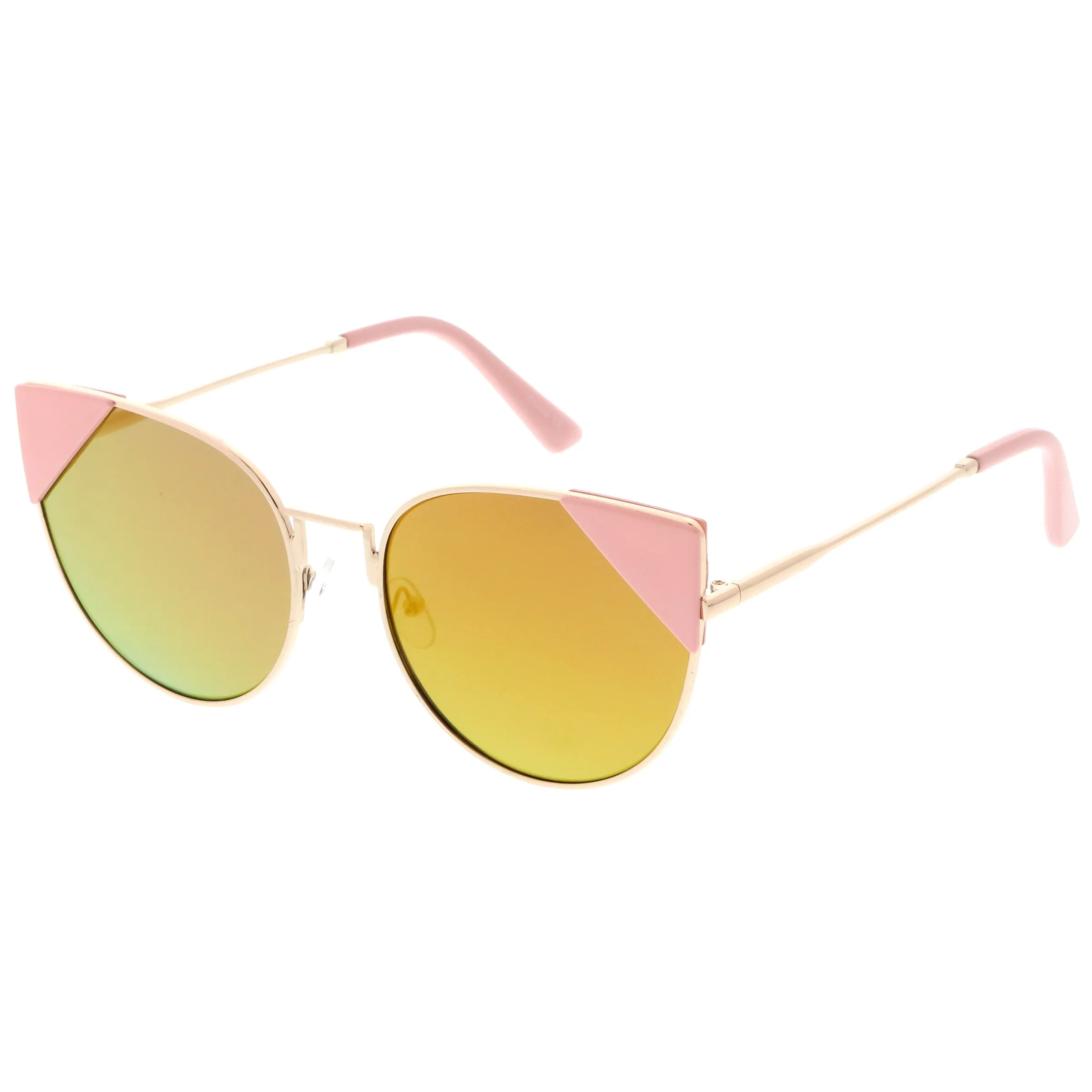 Women's Corner Accented Mirrored Flat Lens Cat Eye Sunglasses C342