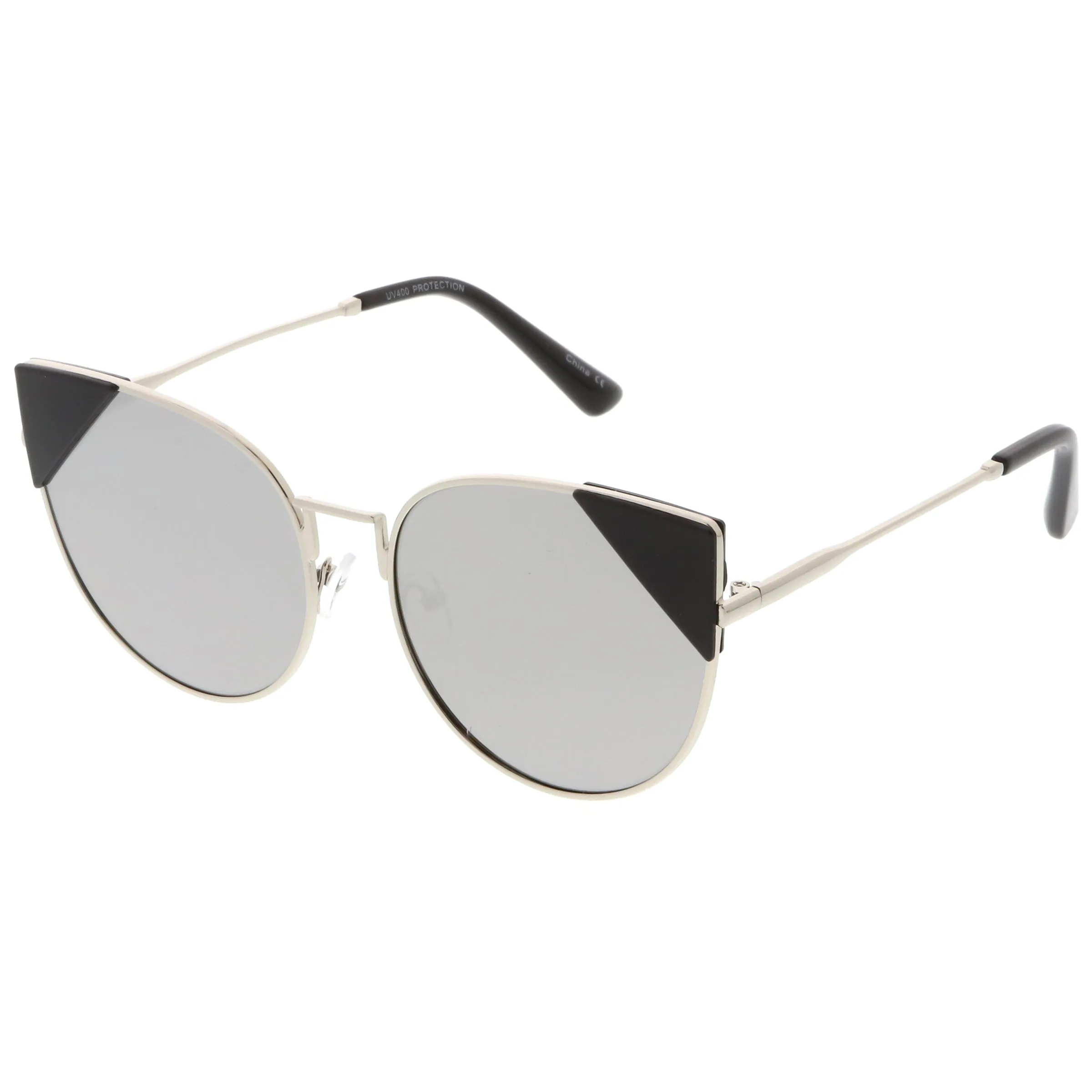 Women's Corner Accented Mirrored Flat Lens Cat Eye Sunglasses C342