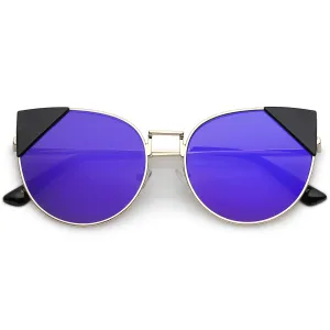 Women's Corner Accented Mirrored Flat Lens Cat Eye Sunglasses C342