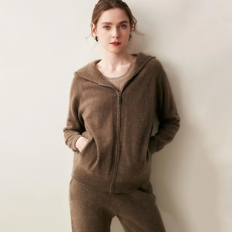 Women's Fall and Winter 100% Cashmere Zipper Open Long Sleeve Hoodie
