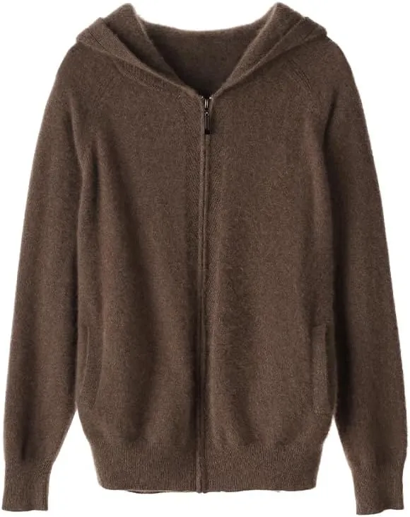 Women's Fall and Winter 100% Cashmere Zipper Open Long Sleeve Hoodie