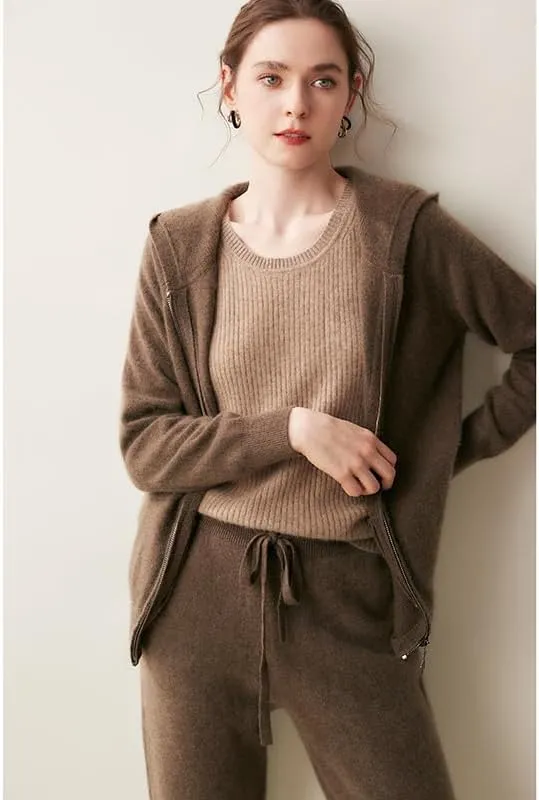 Women's Fall and Winter 100% Cashmere Zipper Open Long Sleeve Hoodie