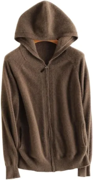 Women's Fall and Winter 100% Cashmere Zipper Open Long Sleeve Hoodie