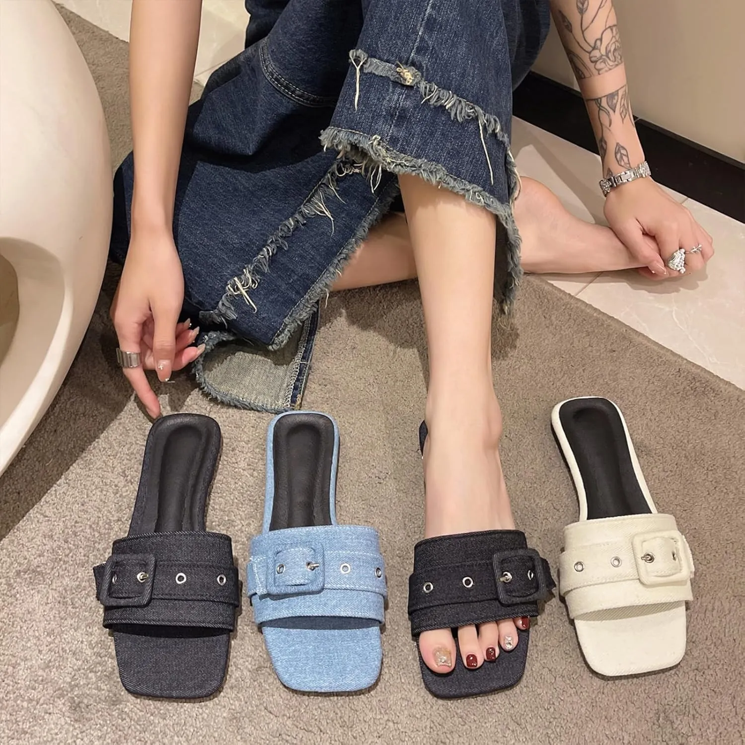 Women's Fashion Denim Cloth Flat Slide Sandals with Square Buttons Summer Square Open Toe Comfort Soft Slip On Slipper for Indoor Outdoor Daily Wear