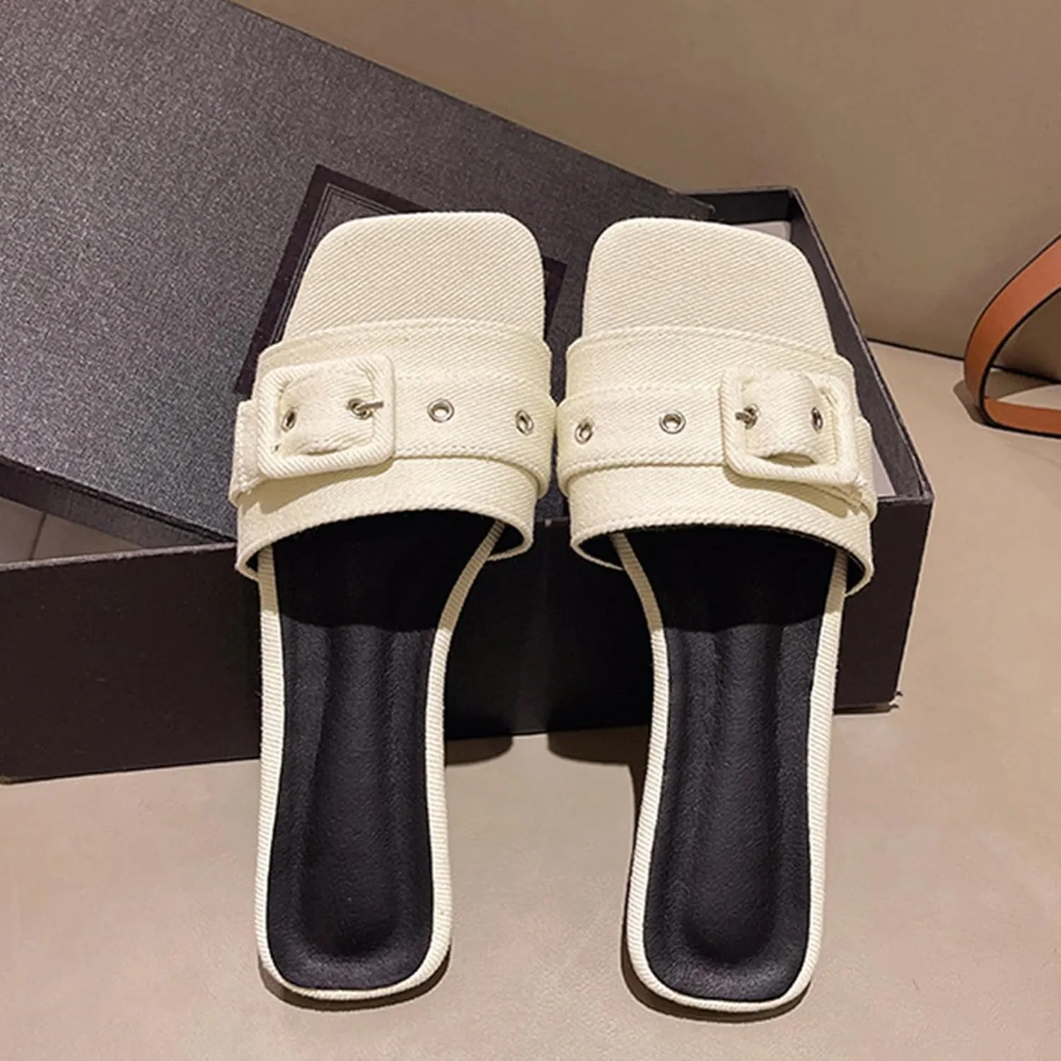 Women's Fashion Denim Cloth Flat Slide Sandals with Square Buttons Summer Square Open Toe Comfort Soft Slip On Slipper for Indoor Outdoor Daily Wear