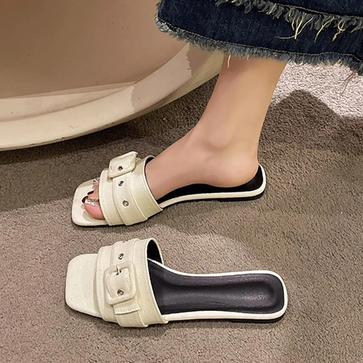 Women's Fashion Denim Cloth Flat Slide Sandals with Square Buttons Summer Square Open Toe Comfort Soft Slip On Slipper for Indoor Outdoor Daily Wear