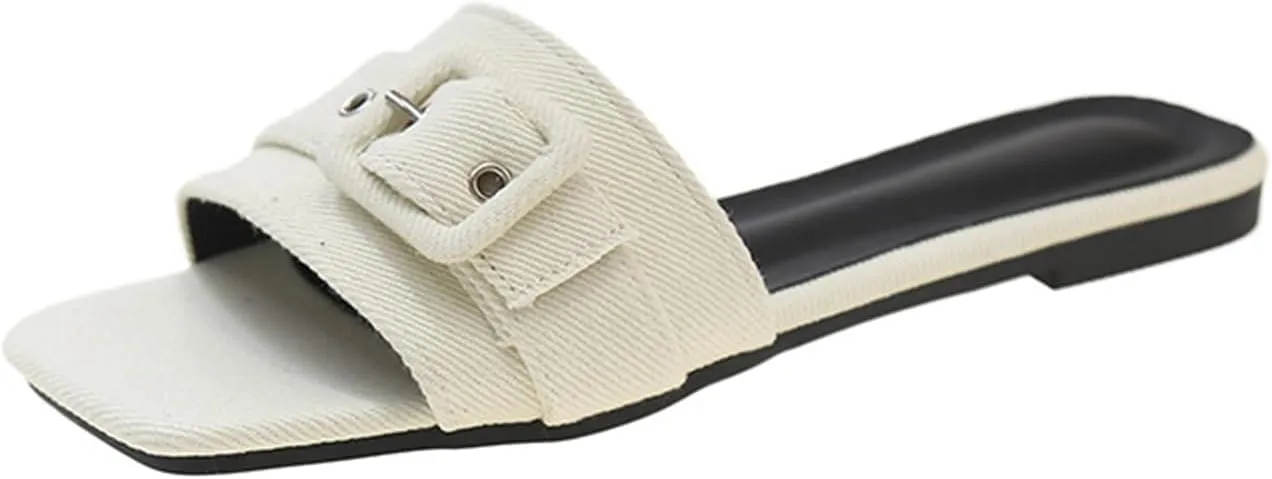 Women's Fashion Denim Cloth Flat Slide Sandals with Square Buttons Summer Square Open Toe Comfort Soft Slip On Slipper for Indoor Outdoor Daily Wear
