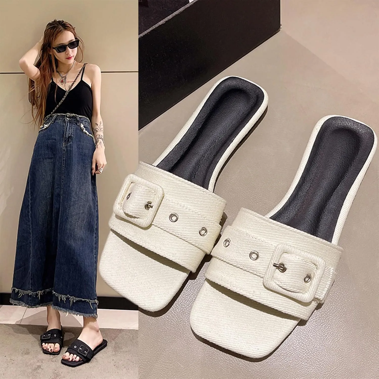 Women's Fashion Denim Cloth Flat Slide Sandals with Square Buttons Summer Square Open Toe Comfort Soft Slip On Slipper for Indoor Outdoor Daily Wear