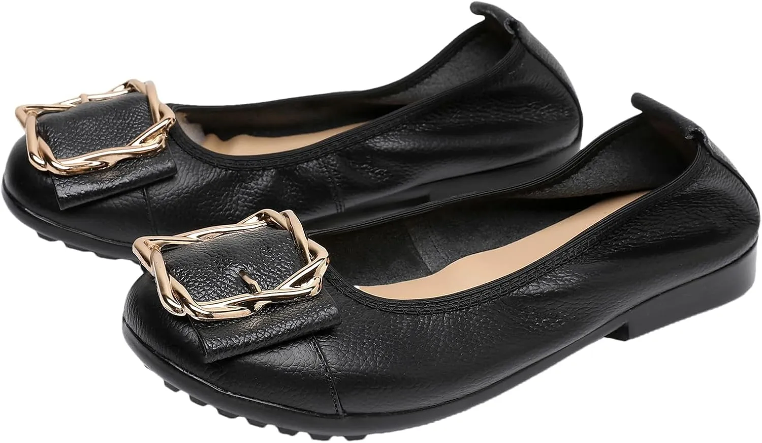Women's Genuine Leather Ballerinas Fashion Metal Buckle Soft Flat Pumps Shoes