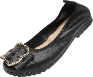 Women's Genuine Leather Ballerinas Fashion Metal Buckle Soft Flat Pumps Shoes