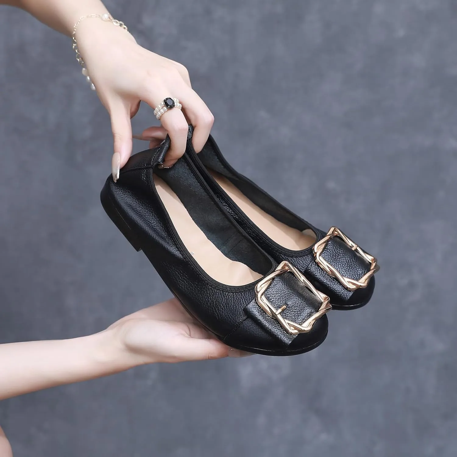 Women's Genuine Leather Ballerinas Fashion Metal Buckle Soft Flat Pumps Shoes