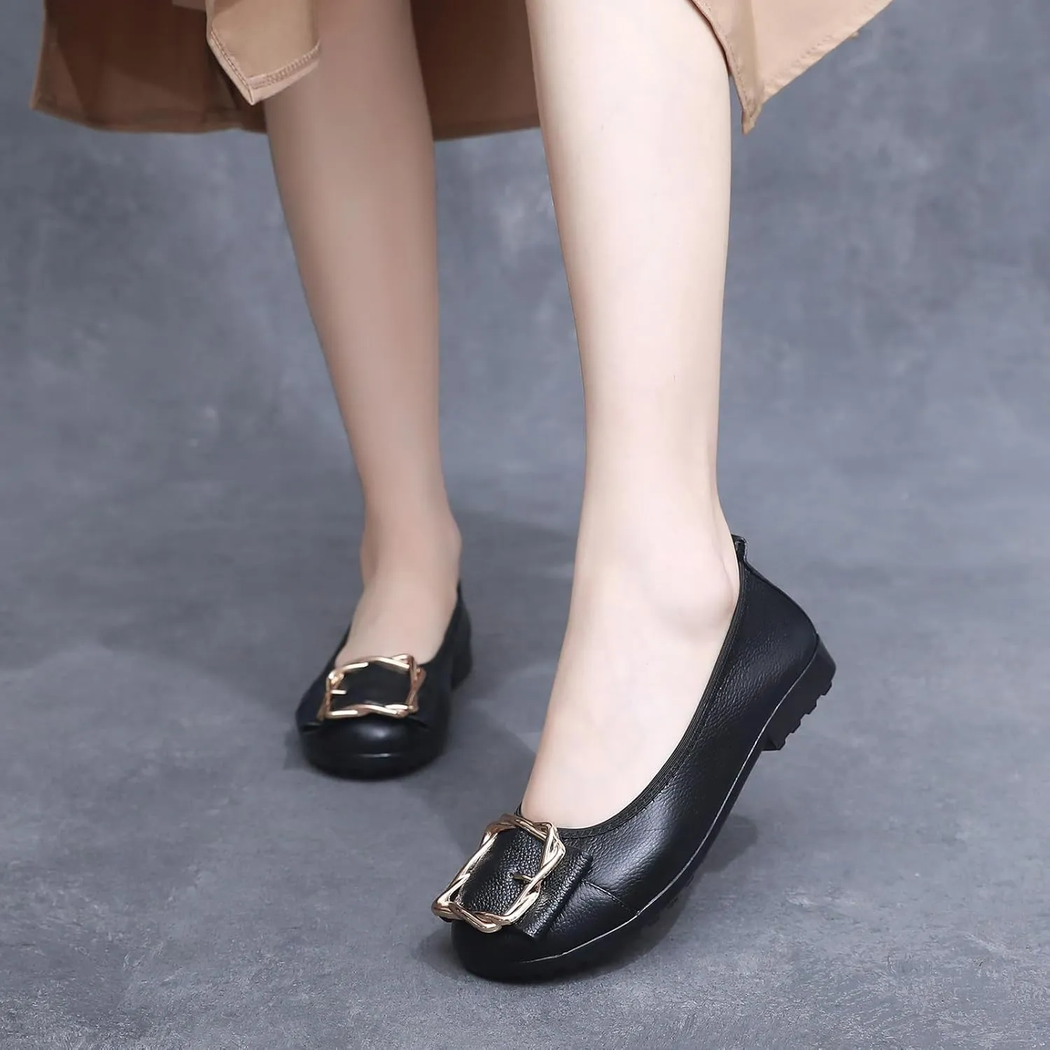 Women's Genuine Leather Ballerinas Fashion Metal Buckle Soft Flat Pumps Shoes