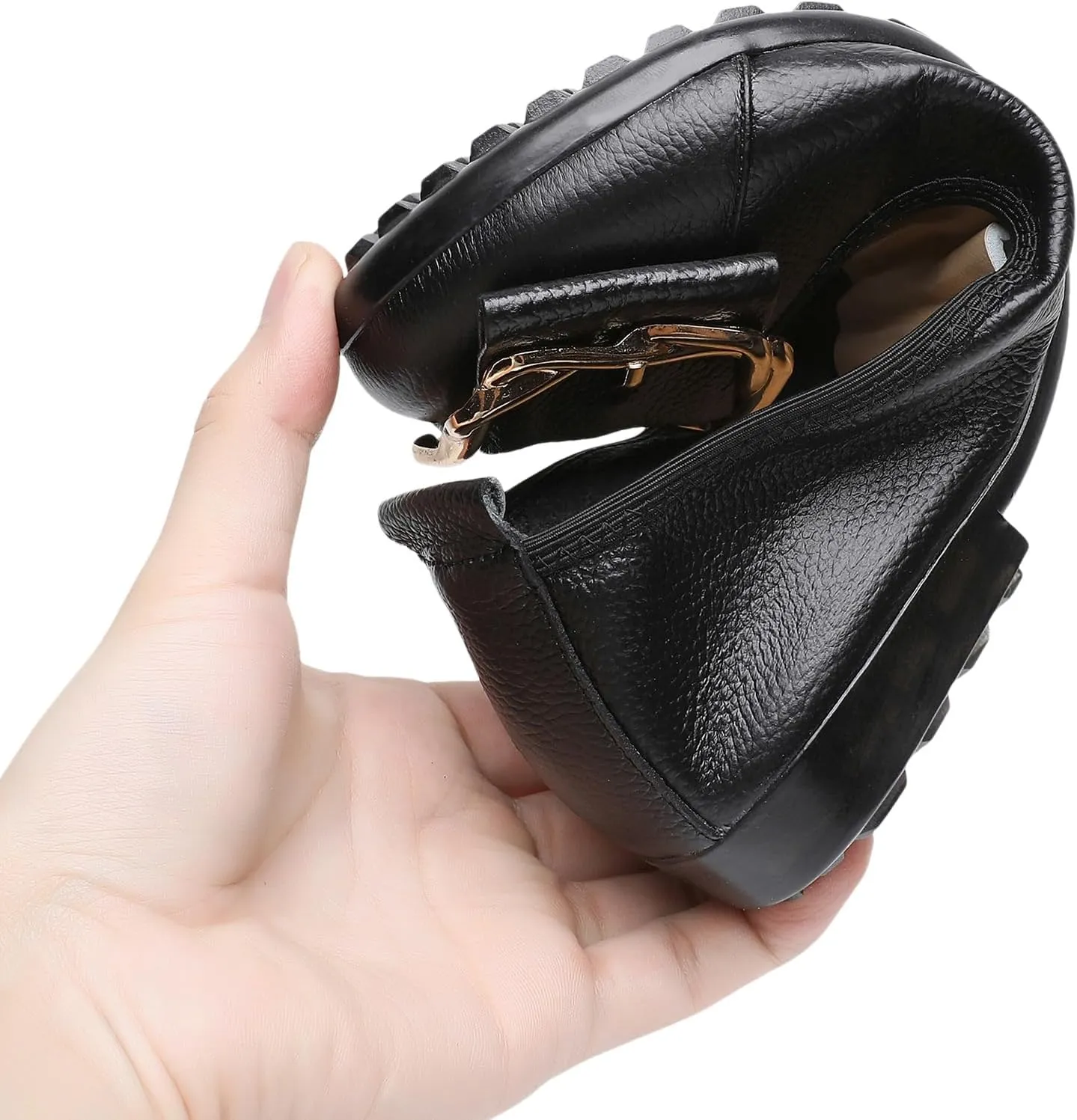 Women's Genuine Leather Ballerinas Fashion Metal Buckle Soft Flat Pumps Shoes