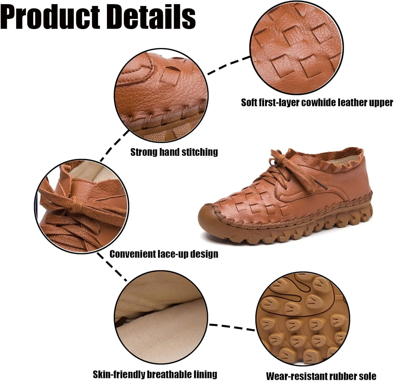 Women's Hand Stitching Lace-up Flat Loafers,Comfortable Classic Woven SOFE Leather Round Toe Non-Slip Breathable Mom Shoes Leisure Walk Soft Sole Driving Shoes