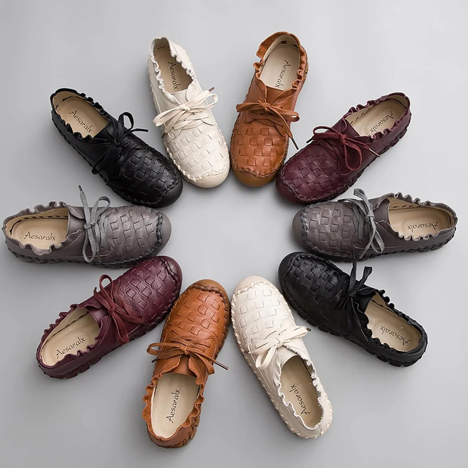 Women's Hand Stitching Lace-up Flat Loafers,Comfortable Classic Woven SOFE Leather Round Toe Non-Slip Breathable Mom Shoes Leisure Walk Soft Sole Driving Shoes