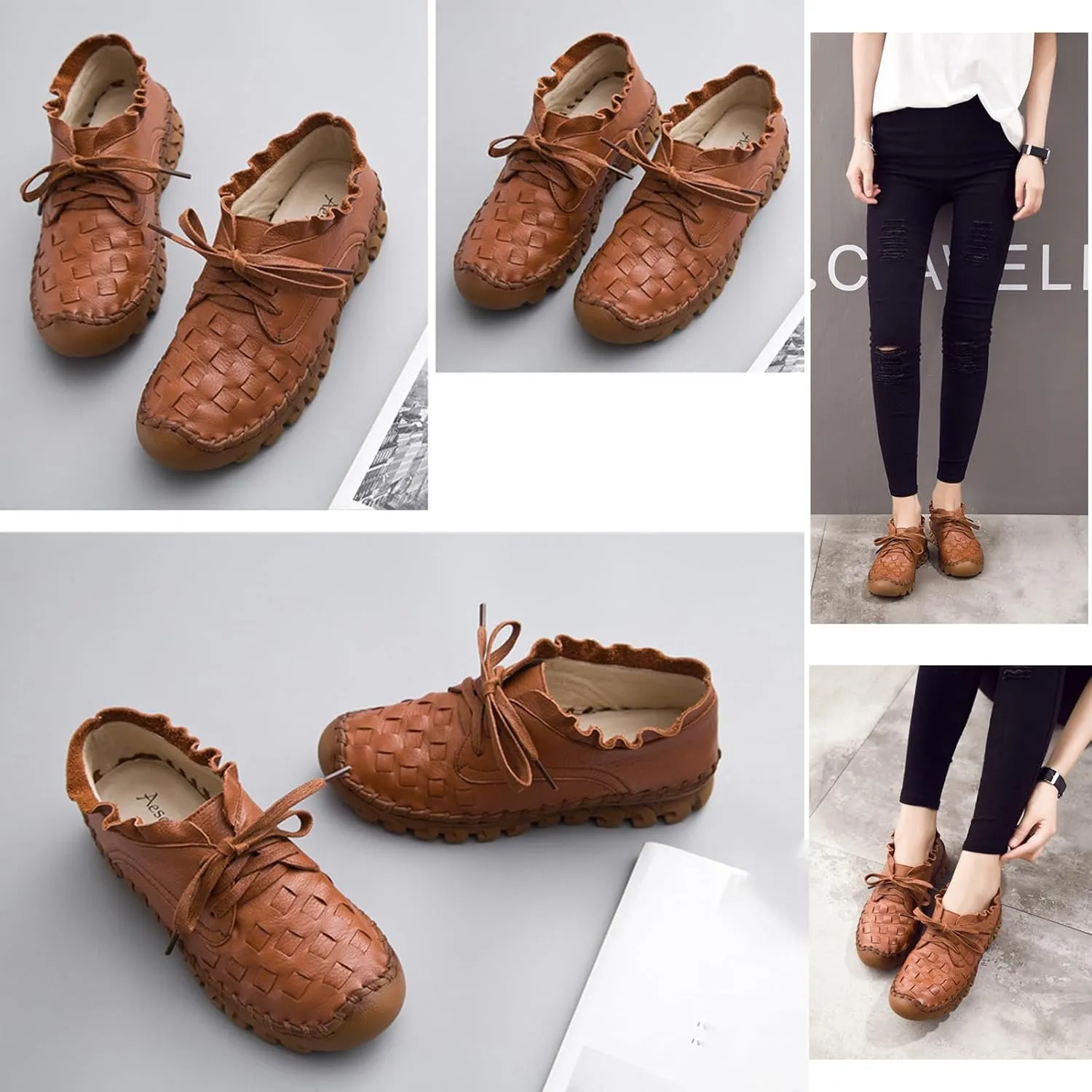 Women's Hand Stitching Lace-up Flat Loafers,Comfortable Classic Woven SOFE Leather Round Toe Non-Slip Breathable Mom Shoes Leisure Walk Soft Sole Driving Shoes