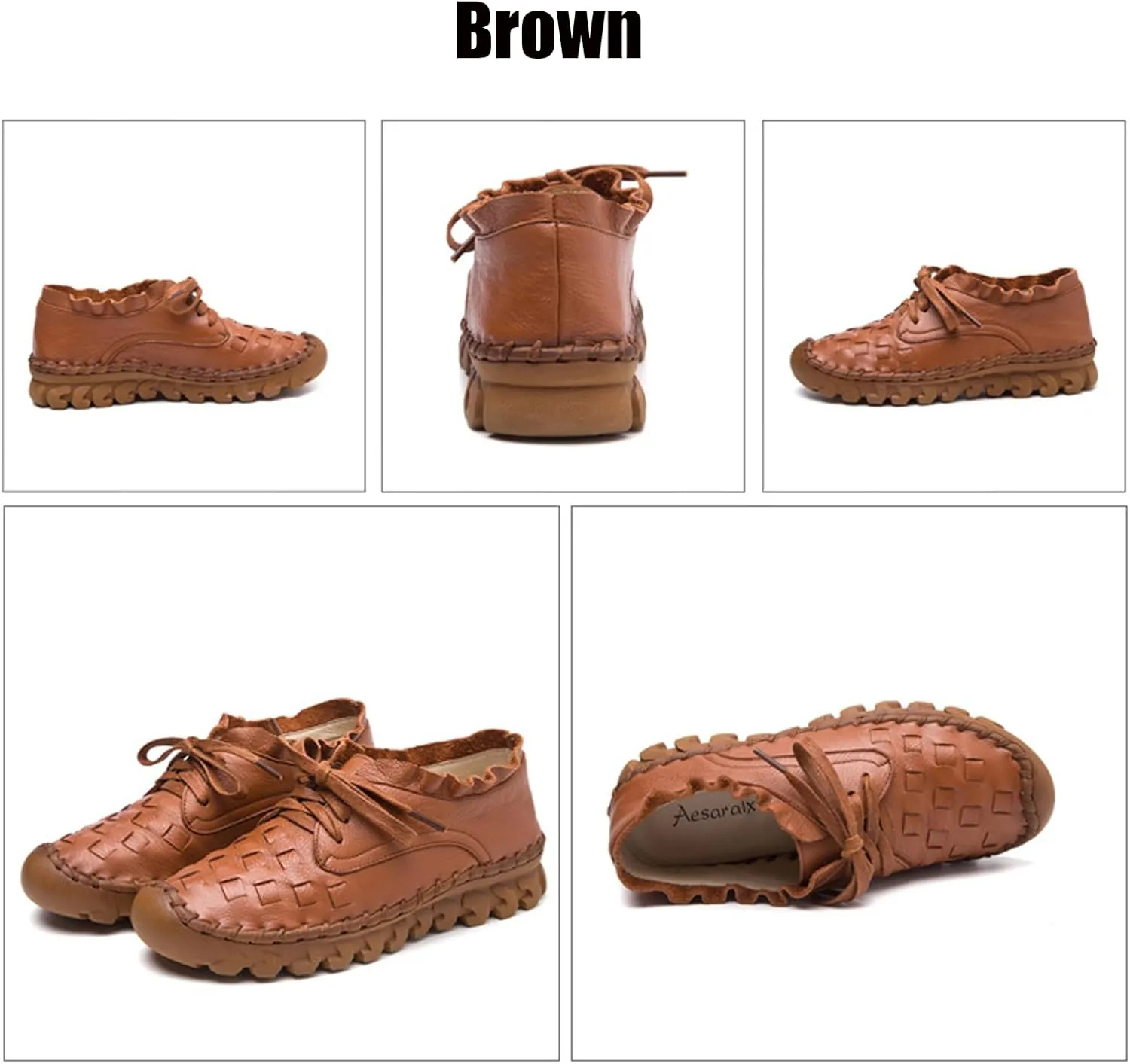 Women's Hand Stitching Lace-up Flat Loafers,Comfortable Classic Woven SOFE Leather Round Toe Non-Slip Breathable Mom Shoes Leisure Walk Soft Sole Driving Shoes