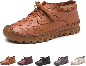 Women's Hand Stitching Lace-up Flat Loafers,Comfortable Classic Woven SOFE Leather Round Toe Non-Slip Breathable Mom Shoes Leisure Walk Soft Sole Driving Shoes
