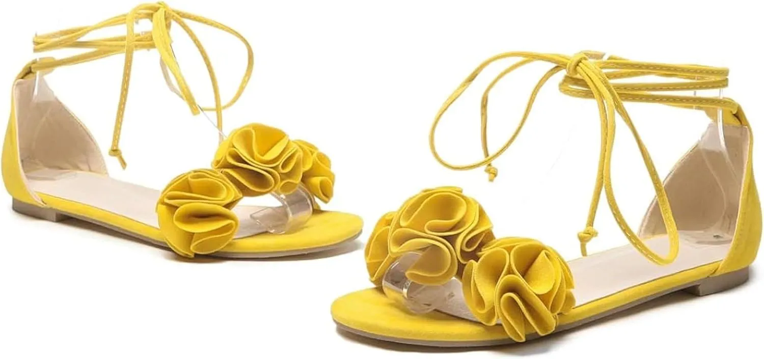 Women's Lace up Flat Sandals Sweet Flower Toe Summer Beach Flat Shoes