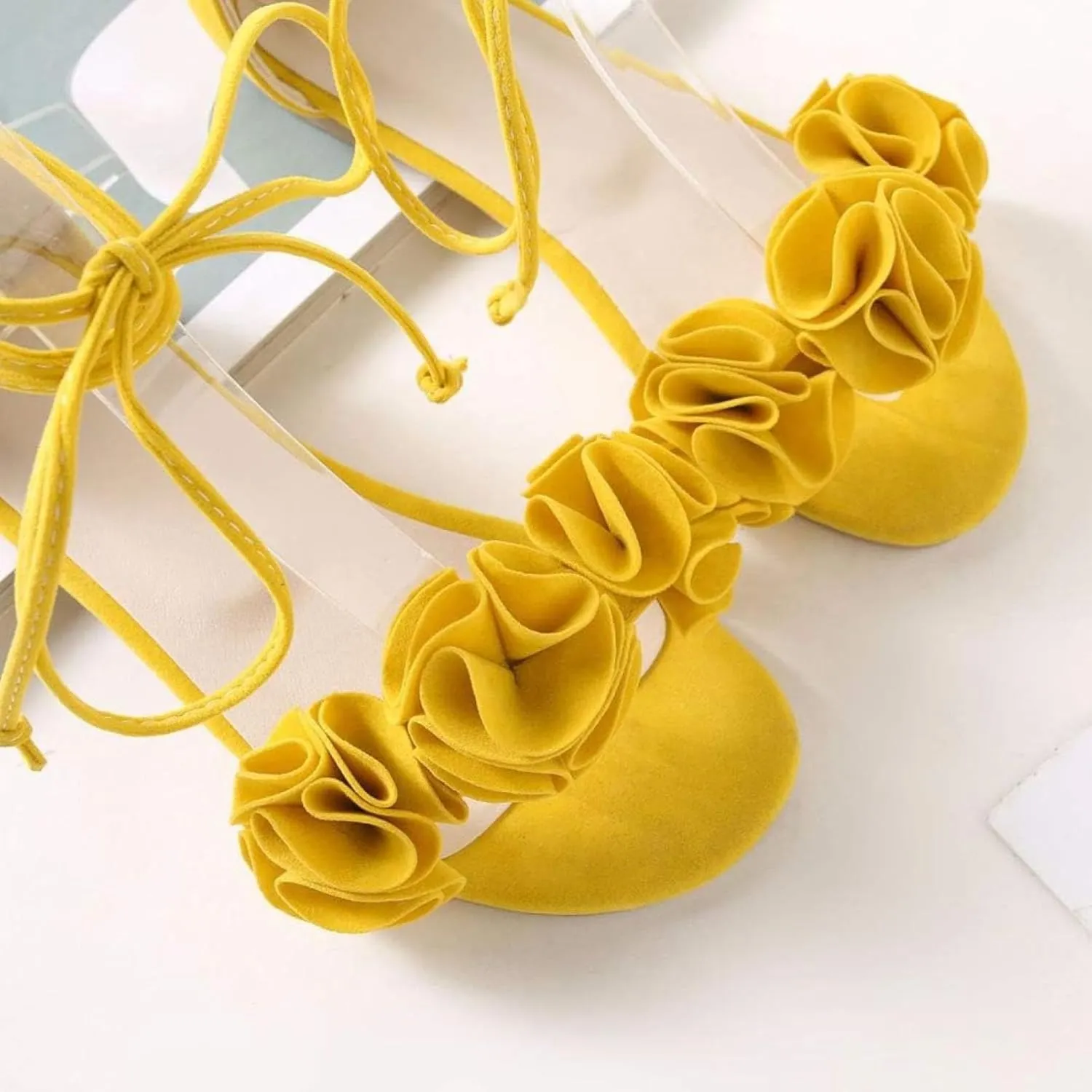 Women's Lace up Flat Sandals Sweet Flower Toe Summer Beach Flat Shoes