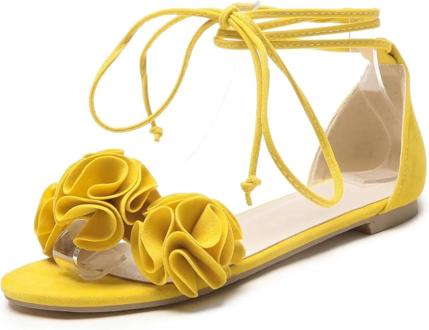 Women's Lace up Flat Sandals Sweet Flower Toe Summer Beach Flat Shoes