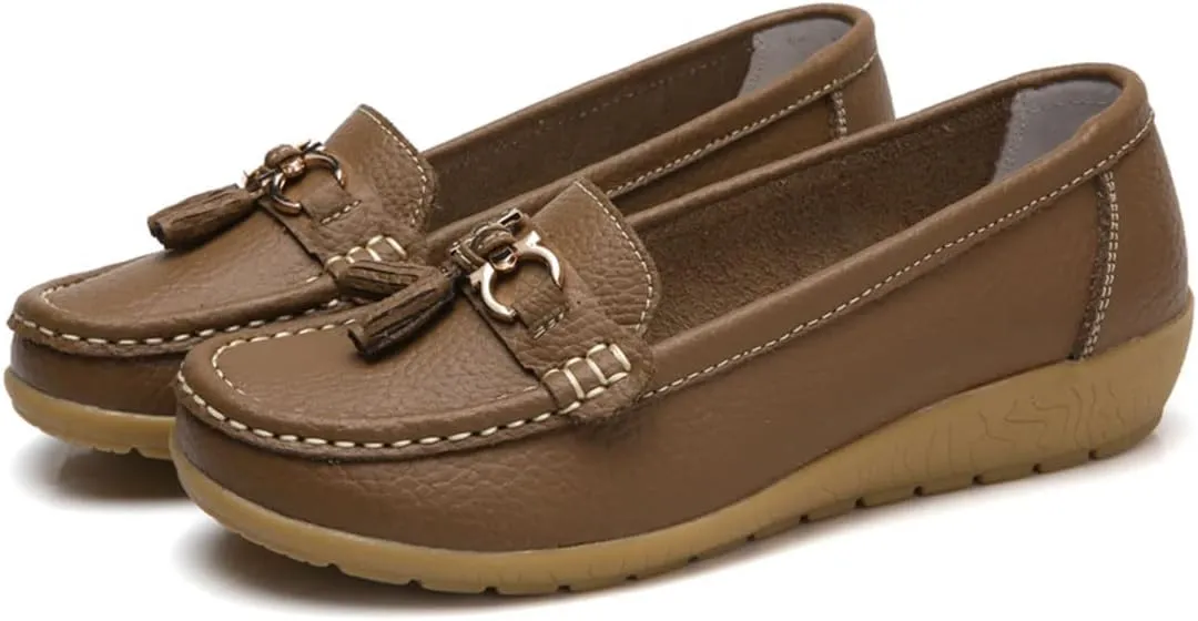 Women's Leather Breathable Moccasins Shoes, Non Slip Soft Outdoor Comfortable Casual Flat Shoe, Platform Loafers